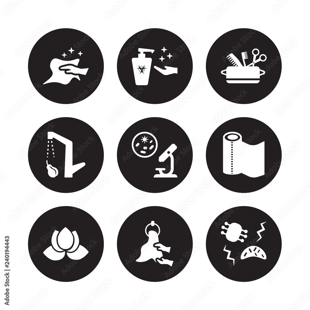 9 vector icon set : dust cleaning, antibacterial, purity, paper towel, pathogen, hygiene kit, food hygiene, drying hands isolated on black background 9 vector icon set : dust cleaning, antibacterial, purity, paper towel, pathogen, hygiene kit, food hygiene, drying hands isolated on black background
