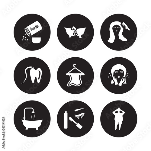 9 vector icon set : powder, lather, douche, face washer, towel, grooming, flossing, dolled up isolated on black background