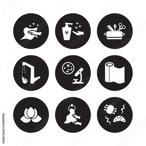 9 vector icon set : dust cleaning, antibacterial, purity, paper towel, pathogen, hygiene kit, food hygiene, drying hands isolated on black background