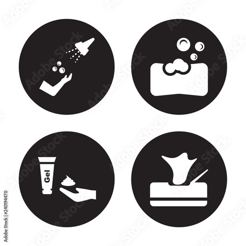 4 vector icon set : ablution, shaving gel, soap bar, Wipes isolated on black background
