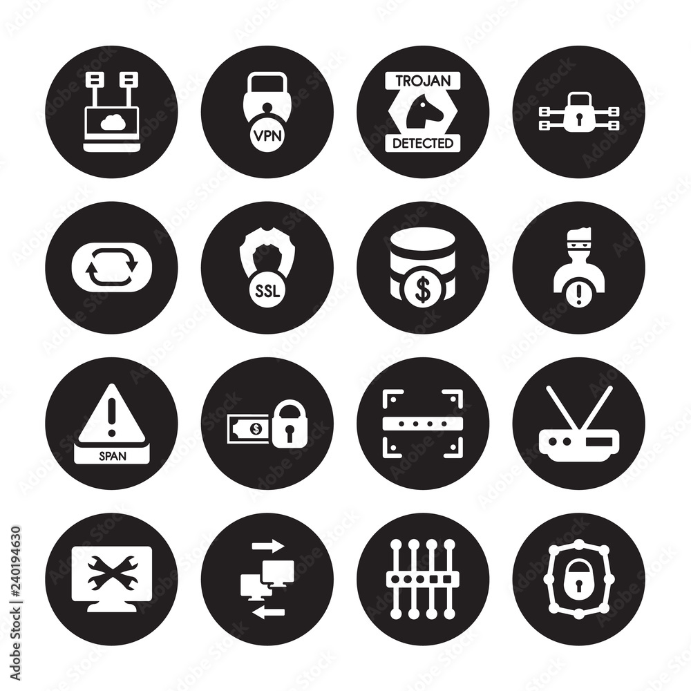 16 vector icon set : virtualization, proxy server, Remote access, remote support, Router, Private network, Sync, Spam, Sql isolated on black background 16 vector icon set : virtualization, proxy server, Remote access, remote support, Router, Private network, Sync, Spam, Sql isolated on black background