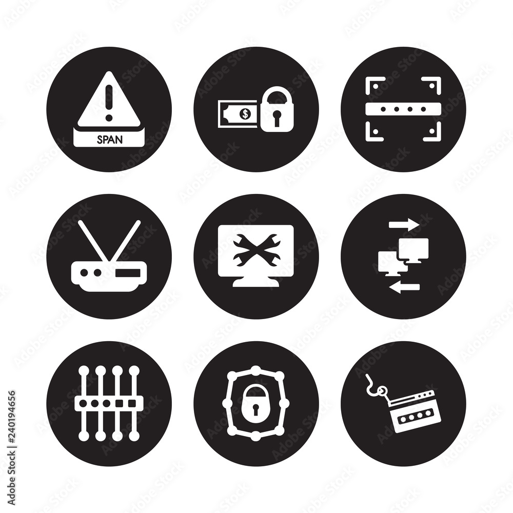 9 vector icon set : Spam, Secure Payment, proxy server, Remote access, remote support, Scan, Router, Private network isolated on black background