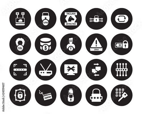 20 vector icon set : virtualization, Password, Pendrive security, Phishing, Private network, Sync, Spam, remote support, Scan, Sql, Trojan isolated on black background