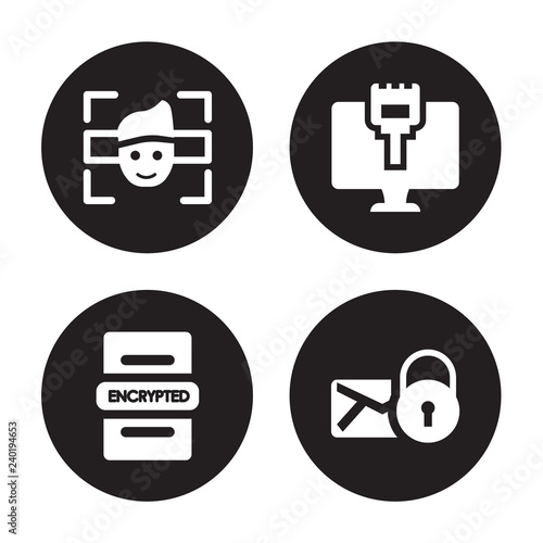 4 vector icon set : Facial recognition, Encrypted, Ethernet, Email security isolated on black background