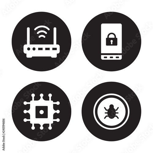 4 vector icon set : Modem, Microchip, Mobile phone security, Malware isolated on black background