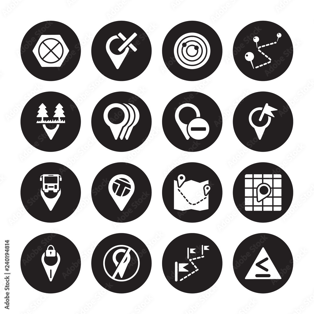16 vector icon set : No gps, Left chevron, Location, Location off, Locked Place, information Point Pin, Motion, Map Marked Place isolated on black background 16 vector icon set : No gps, Left chevron, Location, Location off, Locked Place, information Point Pin, Motion, Map Marked Place isolated on black background