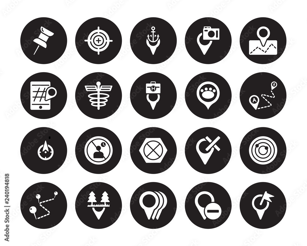 20 vector icon set : Push pin, Marked Place, Minus Location, Motion, National Park Pin, Placeholder, Pet Zone Point, No gps, waiting, Pharmacy, Port isolated on black background 20 vector icon set : Push pin, Marked Place, Minus Location, Motion, National Park Pin, Placeholder, Pet Zone Point, No gps, waiting, Pharmacy, Port isolated on black background