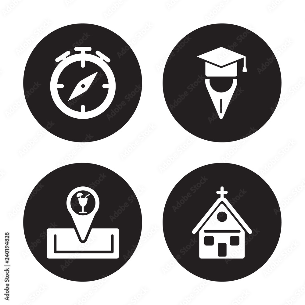 4 vector icon set : College Pin, Club location, Product Positioning, Church isolated on black background