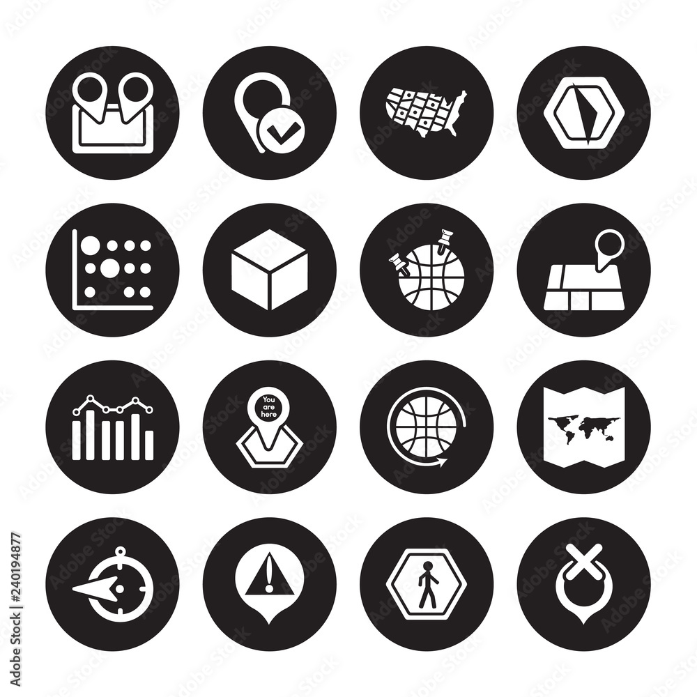16 vector icon set : Destination done, Walking, Warning, West, World Map Folded, Unavailable Location, Heat Map, Demographics, GeoAnalytics isolated on black background 16 vector icon set : Destination done, Walking, Warning, West, World Map Folded, Unavailable Location, Heat Map, Demographics, GeoAnalytics isolated on black background