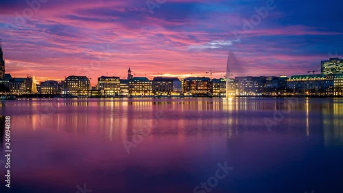 The Inner Alster Lake (German: Binnenalster) in Hamburg, Germany. 4k UHD time lapse video of the inner city at dusk with day to night transition.