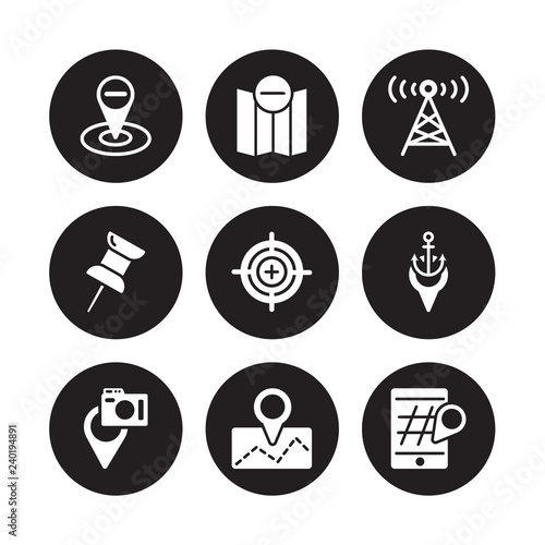 9 vector icon set : Remove Location, from Map, Places to photograph, Port, Precision, Radio tower, Push pin, Placeholder isolated on black background