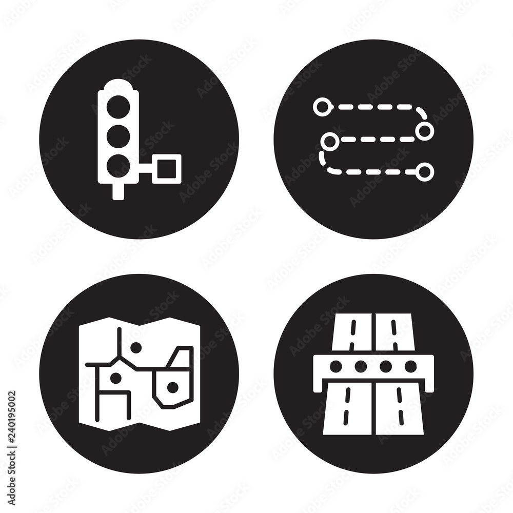 4 vector icon set : Traffic lights, Touristic map, Track, Toll road isolated on black background 4 vector icon set : Traffic lights, Touristic map, Track, Toll road isolated on black background