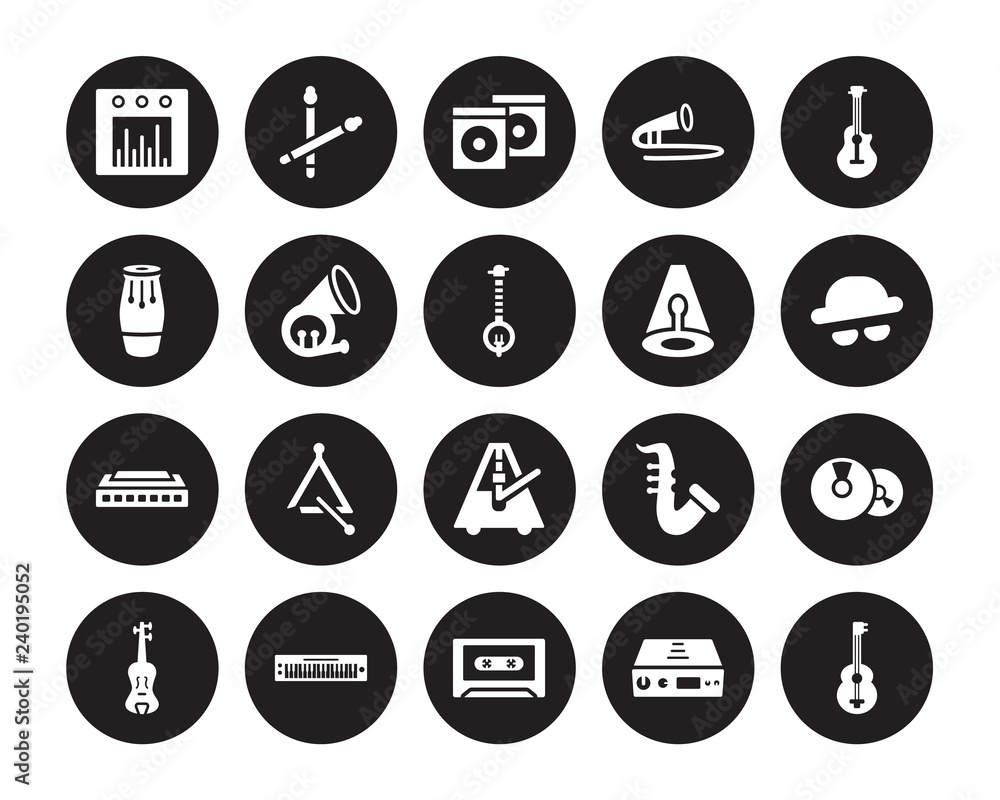20 vector icon set : Sound bars, Amplifier, Cassette, music Keyboard, Violin, Acoustic Guitar, Spotlight, Metronome, Harmonica, French horn, Album isolated on black background 20 vector icon set : Sound bars, Amplifier, Cassette, music Keyboard, Violin, Acoustic Guitar, Spotlight, Metronome, Harmonica, French horn, Album isolated on black background