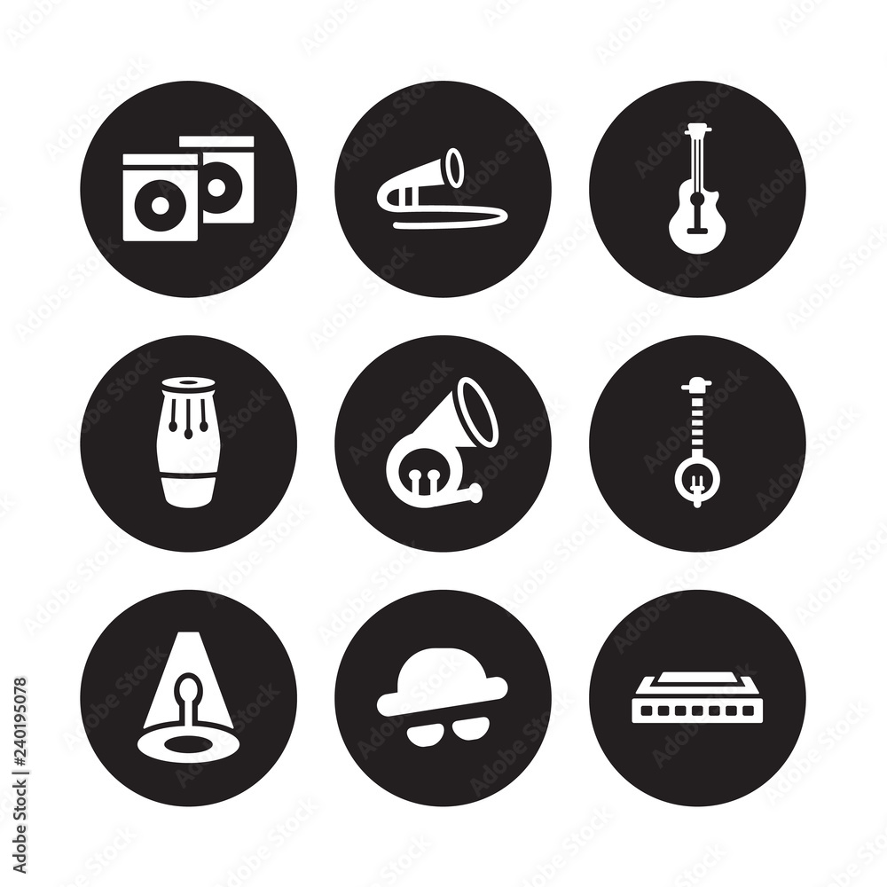9 vector icon set : Album, Trombone, music Spotlight, Banjo, French horn, Acoustic Guitar, Conga, s isolated on black background 9 vector icon set : Album, Trombone, music Spotlight, Banjo, French horn, Acoustic Guitar, Conga, s isolated on black background
