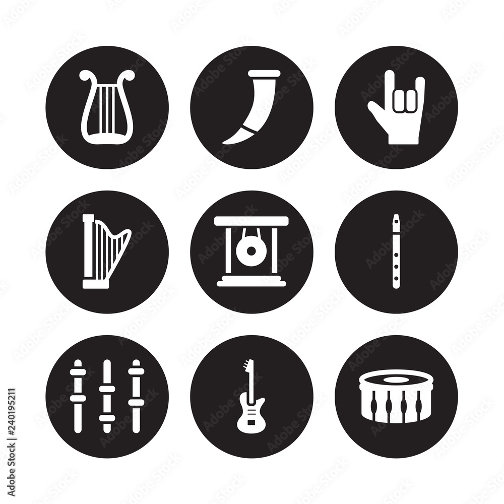 9 vector icon set : Lyre, Horn, Equalizer, Flute, Gong, Heavy metal, Harp, Electric guitar isolated on black background 9 vector icon set : Lyre, Horn, Equalizer, Flute, Gong, Heavy metal, Harp, Electric guitar isolated on black background