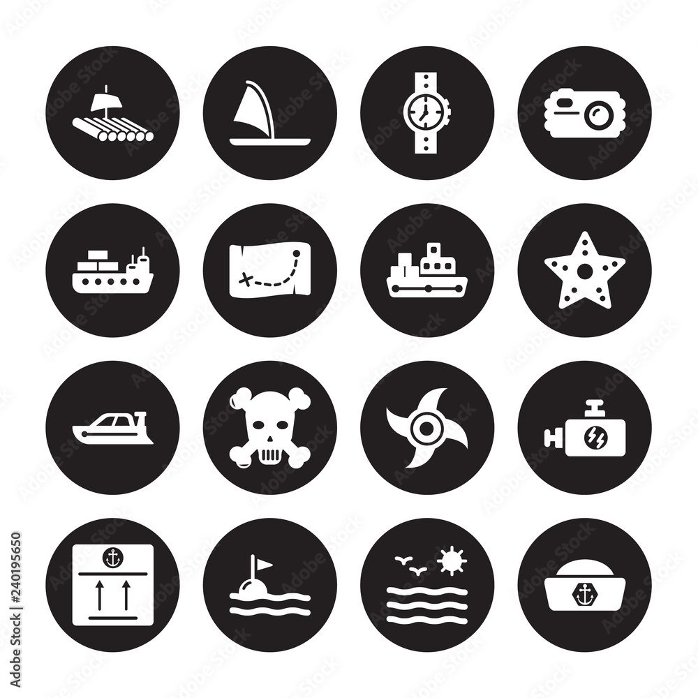 16 vector icon set : Wood Raft, Sea, sea flag, Package, Ship Engine, Sailor cap, Vessel, Speed boat, Tanker isolated on black background