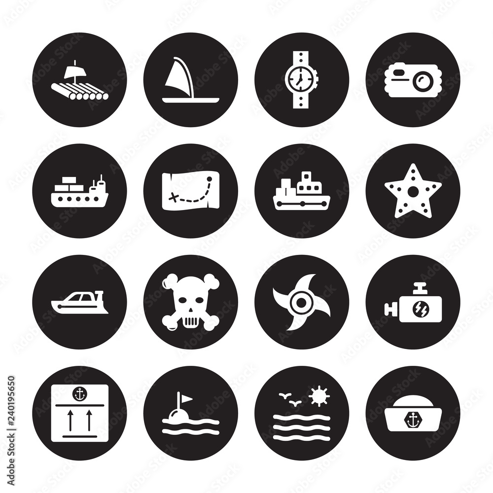 16 vector icon set : Wood Raft, Sea, sea flag, Package, Ship Engine, Sailor cap, Vessel, Speed boat, Tanker isolated on black background 16 vector icon set : Wood Raft, Sea, sea flag, Package, Ship Engine, Sailor cap, Vessel, Speed boat, Tanker isolated on black background