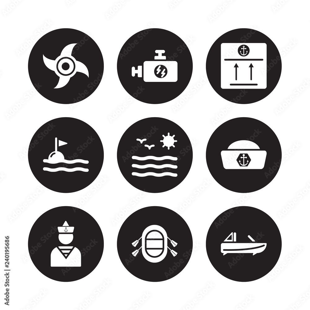 9 vector icon set : Ship Engine Propeller, Engine, Sailor, Sailor cap, Sea, sea Package, flag, Rubber Raft isolated on black background