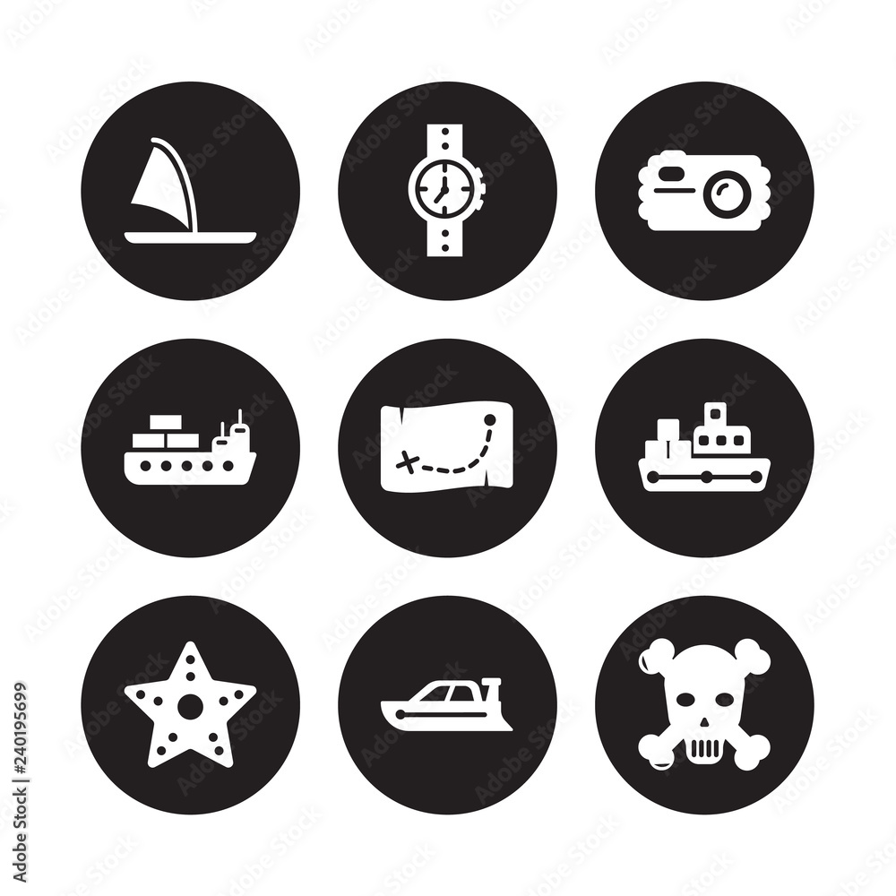 9 vector icon set : Windsurf Board, Water Resist Watch, Starfish with dots, Tanker Ship, Treasure Map, Camera, Vessel, Speed boat isolated on black background
