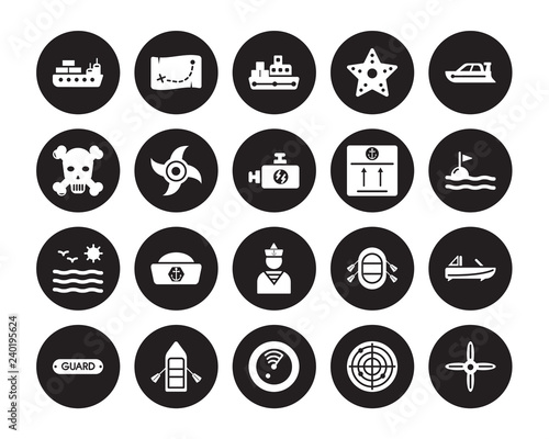 20 vector icon set : Vessel, Radar, Radar detection, Raft, Rescue Tube, Speed boat, sea Package, Sailor, Sea, Ship Engine Propeller, Tanker isolated on black background