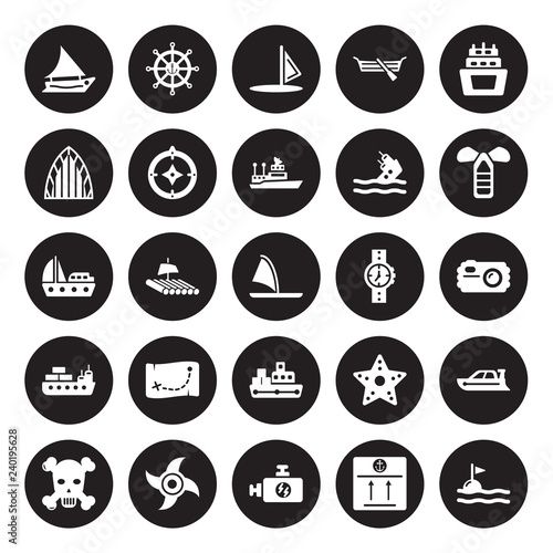 25 vector icon set : felucca, sea Package, Ship Engine, Engine Propeller, Skull and bones, port starboard, Water Resist Watch, Tanker Ship, Vessel, afterdeck isolated on black background.