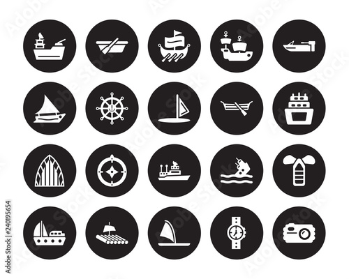 20 vector icon set : gunboat, Water Resist Watch, Windsurf Board, Wood Raft, Yacht Facing Right, motorboat, Seaworthy, ship Admiral, afterdeck, marine, trireme isolated on black background