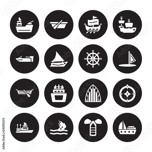 16 vector icon set : gunboat, port and starboard, capsizing, ship Admiral, Azimuth compass, Yacht Facing Right, motorboat, Seaworthy, marine isolated on black background
