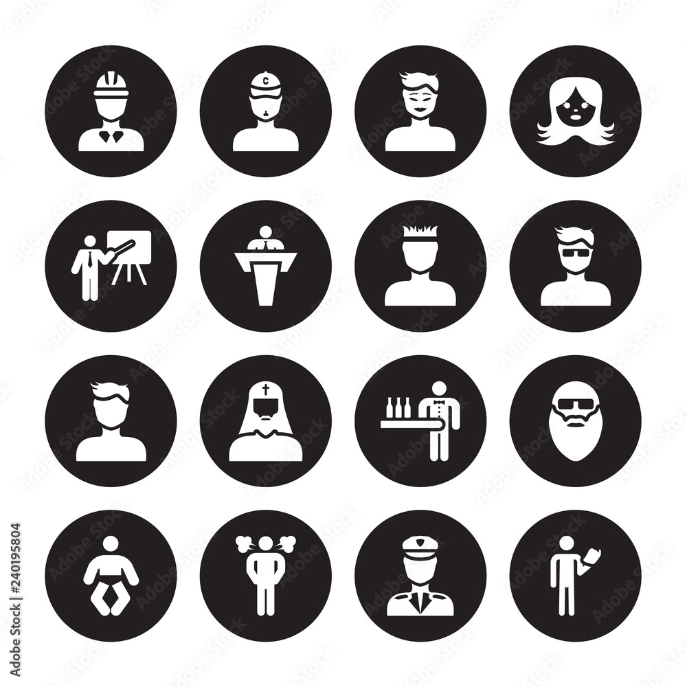 16 vector icon set : Construction worker, Airplane pilot, Angry Man, Baby, Bald man face with beard and sunglasses, Acting class, Businessmen Disussing isolated on black background 16 vector icon set : Construction worker, Airplane pilot, Angry Man, Baby, Bald man face with beard and sunglasses, Acting class, Businessmen Disussing isolated on black background