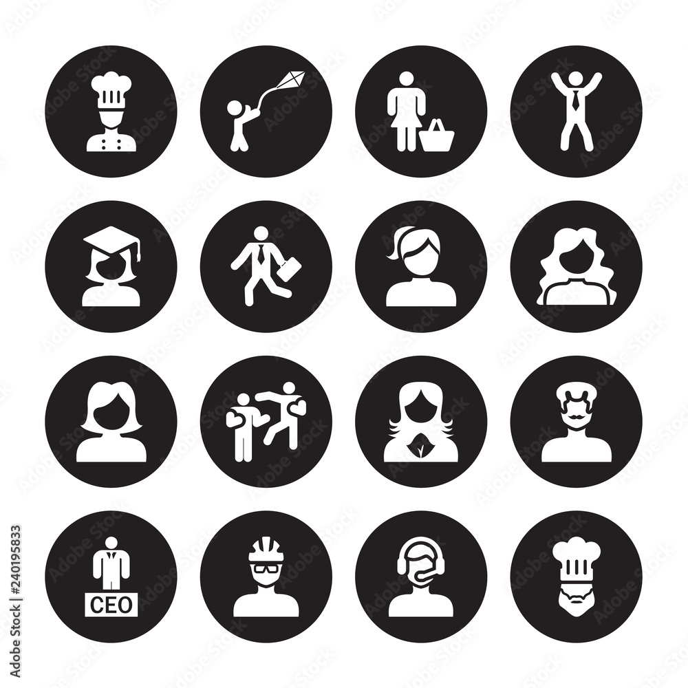 16 vector icon set : Kitchen chef, Customer Help worker, Cyclist face, Executive Manager, Father Cook Graduated, Girl face with ponytails isolated on black background