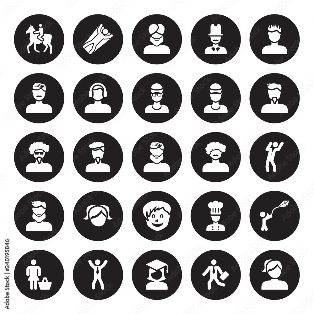 25 vector icon set : Man Horseriding, Going to work, Graduated, Happy man, Housewife shopping, face with goatee, curly hair and moustache, Little boy isolated on black background. 25 vector icon set : Man Horseriding, Going to work, Graduated, Happy man, Housewife shopping, face with goatee, curly hair and moustache, Little boy isolated on black background.
