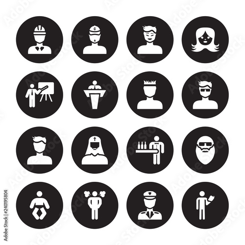 16 vector icon set : Construction worker, Airplane pilot, Angry Man, Baby, Bald man face with beard and sunglasses, Acting class, Businessmen Disussing isolated on black background