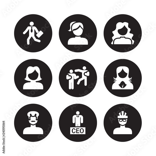 9 vector icon set : Going to work, Girl face with ponytails, Father face, Female User Management, Fighting, long hair, Executive Manager isolated on black background