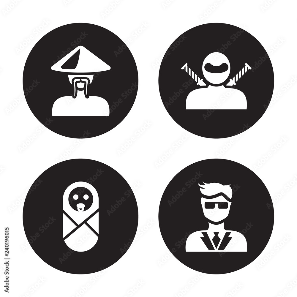 4 vector icon set : Old chinese man, Newborn, Ninja face, Manager face isolated on black background 4 vector icon set : Old chinese man, Newborn, Ninja face, Manager face isolated on black background