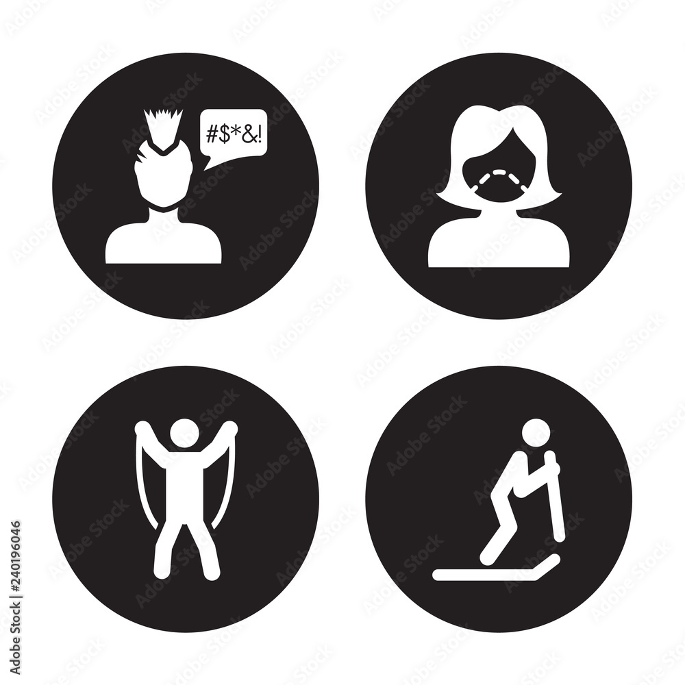 4 vector icon set : Swear, Skipping rope man, Surgeon face, Skiing person isolated on black background 4 vector icon set : Swear, Skipping rope man, Surgeon face, Skiing person isolated on black background