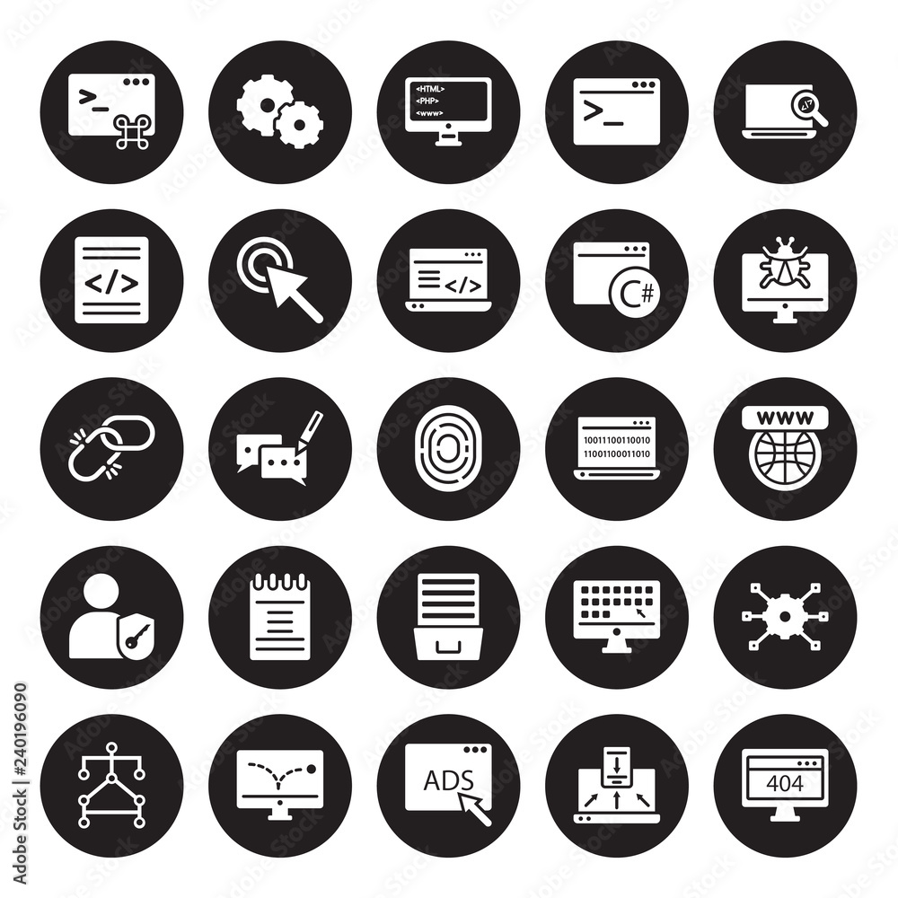 25 vector icon set : Command, Adaptive Layout, Advertising, advertising Bounce, Algorithm, Bug report, Binary code, Archive, Authorize, Code, Coding, Cogwheel isolated on black background. 25 vector icon set : Command, Adaptive Layout, Advertising, advertising Bounce, Algorithm, Bug report, Binary code, Archive, Authorize, Code, Coding, Cogwheel isolated on black background.