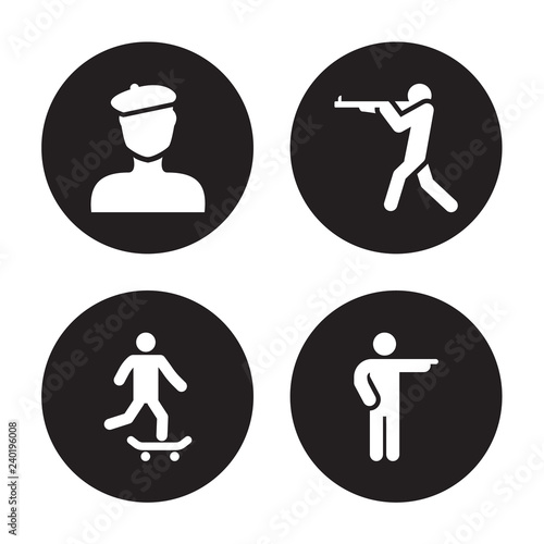 4 vector icon set : Man with beret, man riding Skateboarding, Shooting, pointing isolated on black background