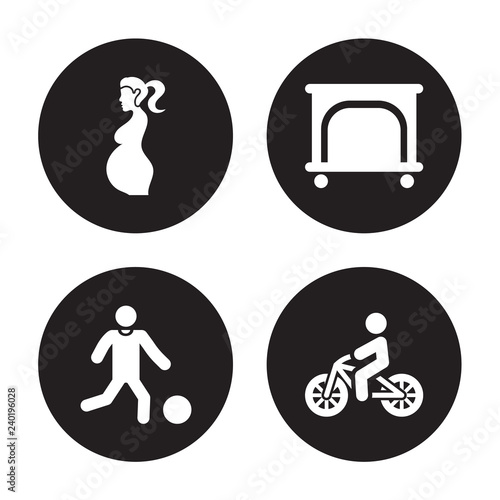 4 vector icon set : pregnant, Playing with a Ball, Playpen, Person Biking isolated on black background