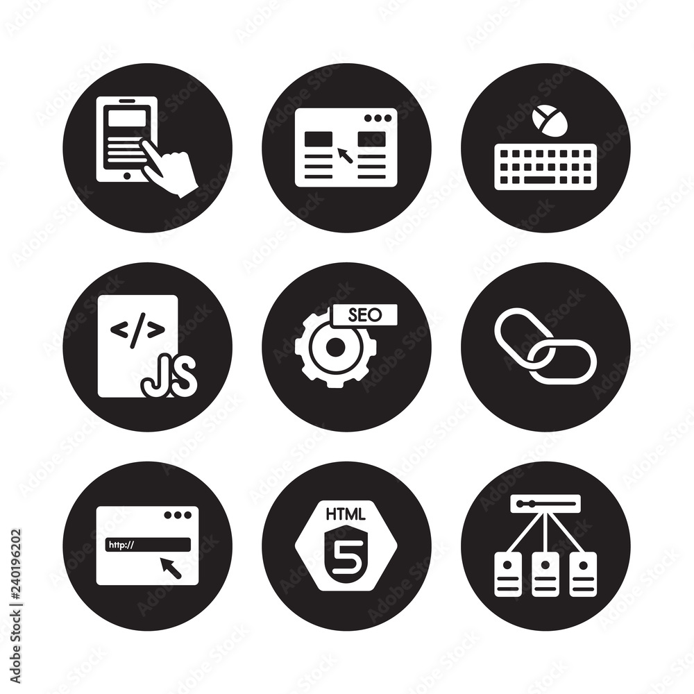 9 vector icon set : Mobile app, Landing page, Http, Hyperlink, Image SEO, Keyboard and mouse, Js, Html5 isolated on black background 9 vector icon set : Mobile app, Landing page, Http, Hyperlink, Image SEO, Keyboard and mouse, Js, Html5 isolated on black background