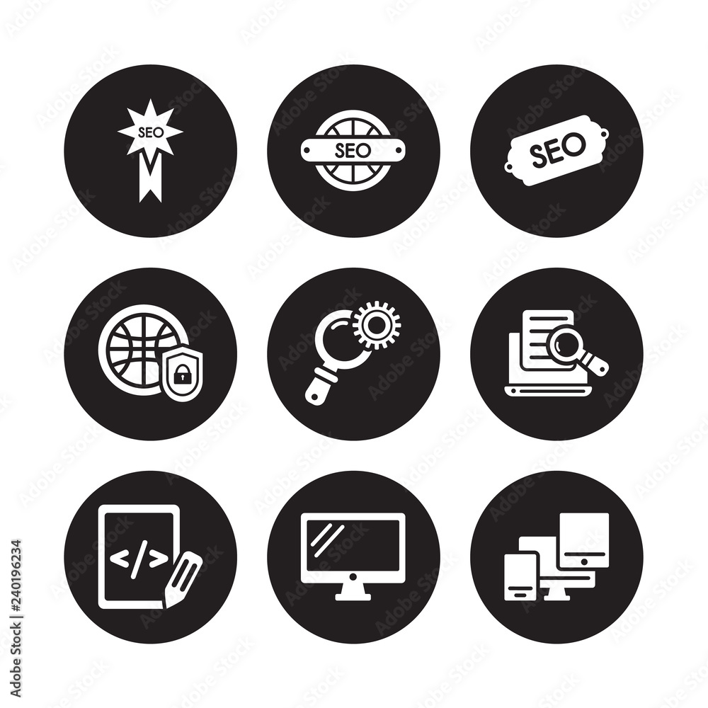 9 vector icon set : SEO Badge, Seo and web, Script, Search, Search engine, Seo, Secu network, Screen isolated on black background