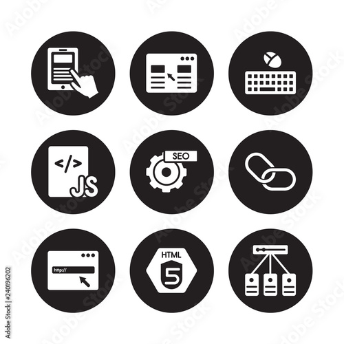 9 vector icon set : Mobile app, Landing page, Http, Hyperlink, Image SEO, Keyboard and mouse, Js, Html5 isolated on black background