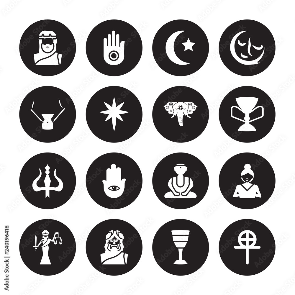 16 vector icon set : Jesus, Goblet, God, Goddess, gospel, Gnosticism, Incense, Hinduism, holy Elephant isolated on black background