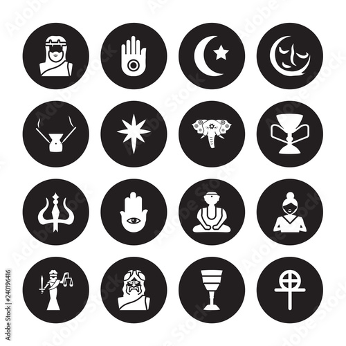 16 vector icon set : Jesus, Goblet, God, Goddess, gospel, Gnosticism, Incense, Hinduism, holy Elephant isolated on black background