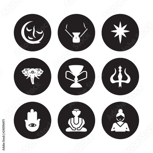 9 vector icon set : indulgence, Incense, Hamsa, Hinduism, Holy chalice, star, holy Elephant, Great buddha isolated on black background