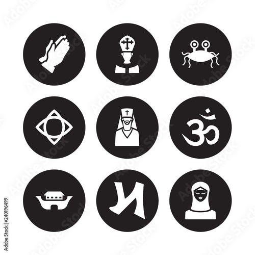 9 vector icon set : Pray, Pope, Noah Ark, Om, orthodox, Pastafarianism, Paganism, nihilism isolated on black background