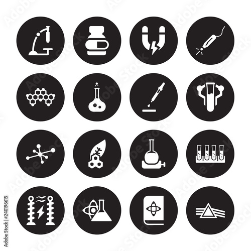 16 vector icon set : Microscope, Science book, Scientific, Tesla coil, Tubes, Refraction, Formula, Cells, Dropper isolated on black background