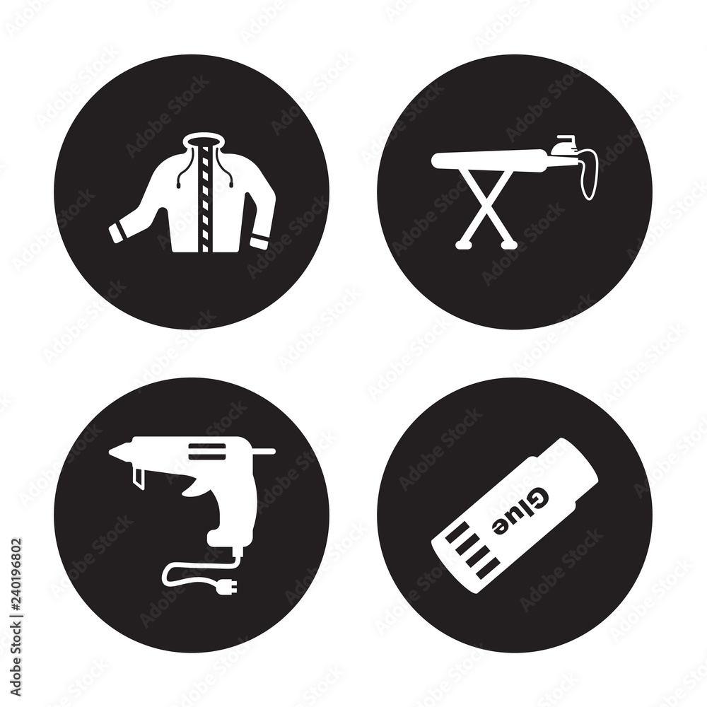 4 vector icon set : Jacket, Hot glue, Ironing Board, Glue stick isolated on black background 4 vector icon set : Jacket, Hot glue, Ironing Board, Glue stick isolated on black background