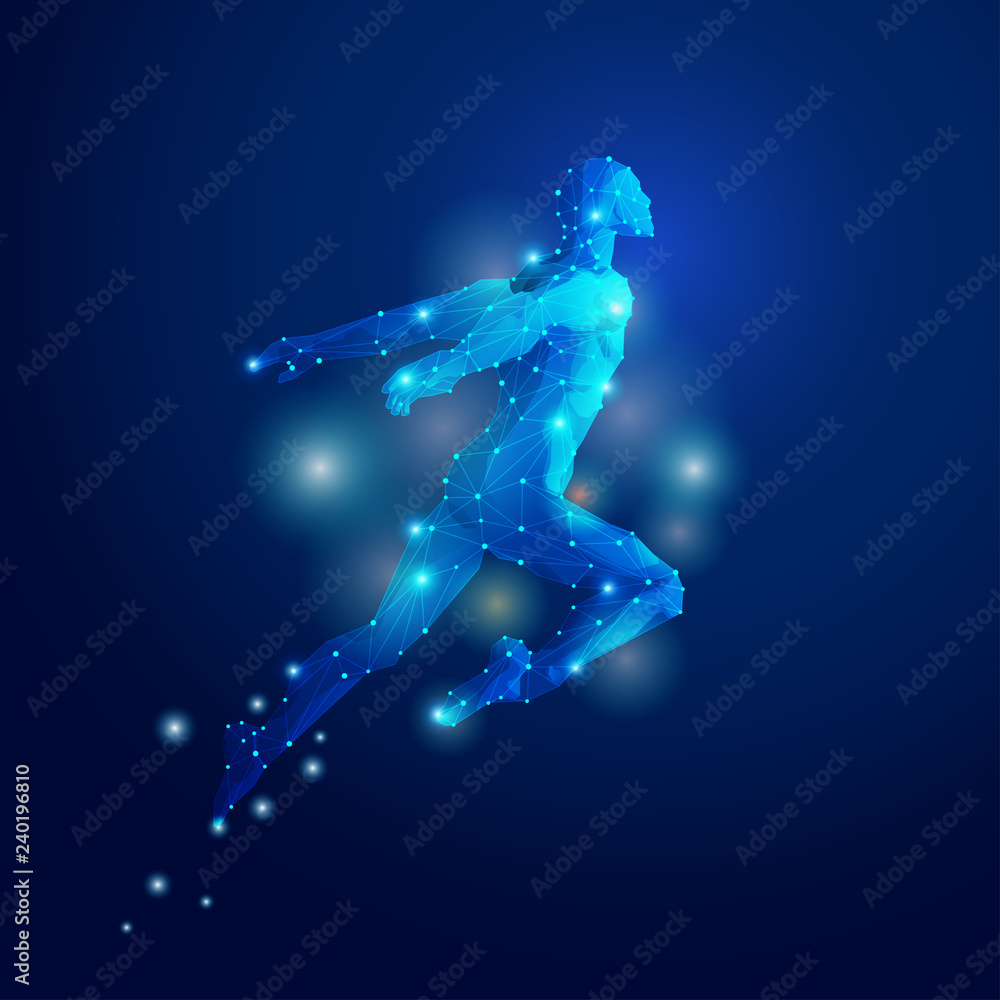 graphic of polygon man jumping with futuristic style