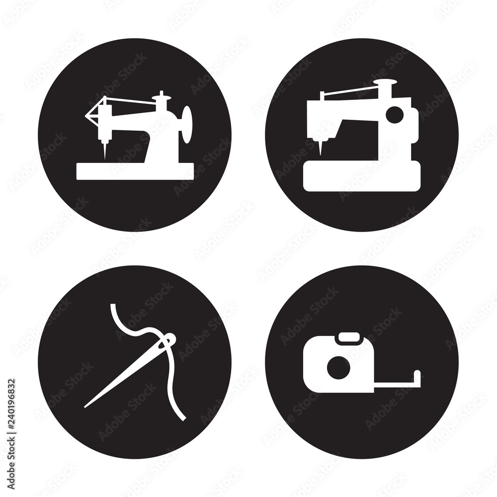 4 vector icon set : Old sewing machine, Needle, New Sewing Machine, Measuring tape isolated on black background 4 vector icon set : Old sewing machine, Needle, New Sewing Machine, Measuring tape isolated on black background