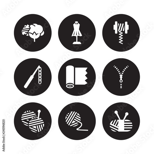 9 vector icon set : cotton reel, hand craft, Yarn ball, Zipper, textile, wire coil, crochet hook, isolated on black background