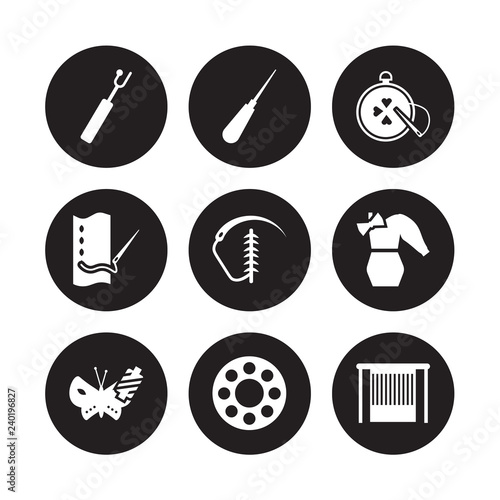 9 vector icon set : buttonhole, awl, silk, styling, suture, needlepoint, running stitch, bobbin isolated on black background